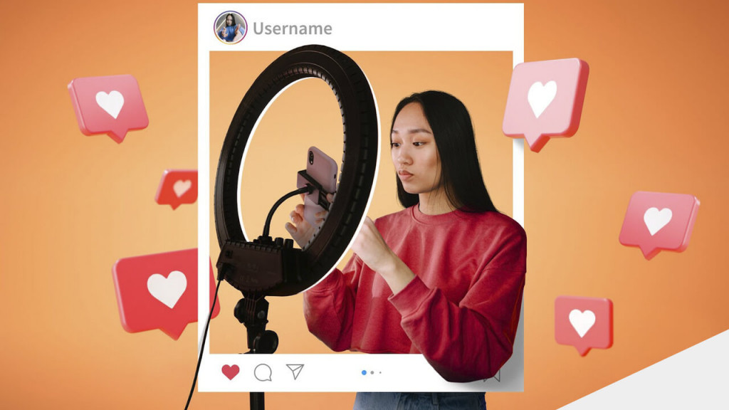 Mulher configurando setup de gravação de vídeos, com uma moldura de publicação do Instagram e ícones de likes à sua volta.